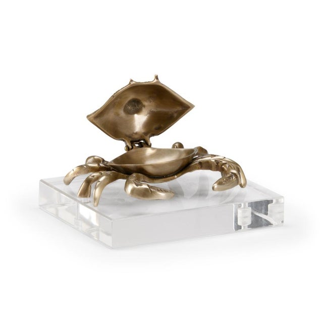 Brass crab sculpture with hinged lid on acrylic base. 3h x 7.3w x 6.5d
