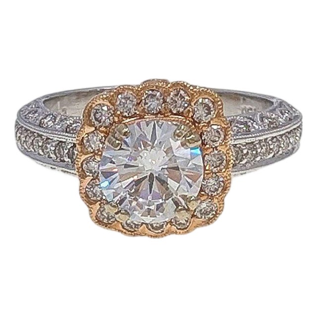 Rose & White Gold Pave Diamond Engagement Ring Cz Center, Size 7.75 For Sale