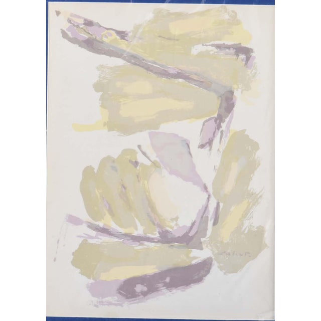 This original lithograph showcases a fluid, abstract composition characterized by broad, painterly sweeps of color. The...