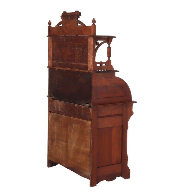 Antique Eastlake Walnut Cylinder Roll Top Paneled Secretary Desk C1890 For Sale - Image 13 of 18