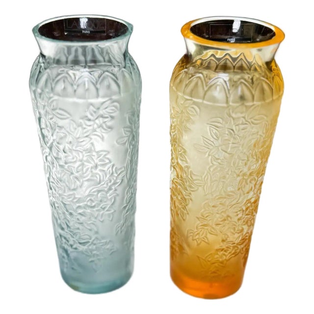 Vintage Lalique Crystal Vases: Bougainvillier Floral Relief, Signed French Art Glass For Sale