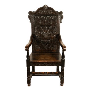Antique 17th Century English Charles II Oak Carved Wainscot Armchair 1680 For Sale