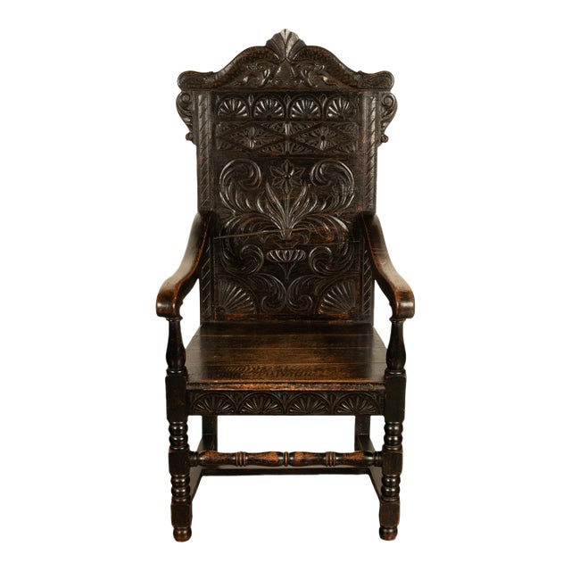 Antique 17th Century English Charles II Oak Carved Wainscot Armchair 1680 For Sale