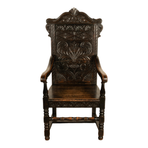 Antique 17th Century English Charles II Oak Carved Wainscot Armchair 1680