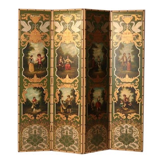 Oversized Vintage Four-Paneled Screen With Hand Painted Scenes C1940 For Sale
