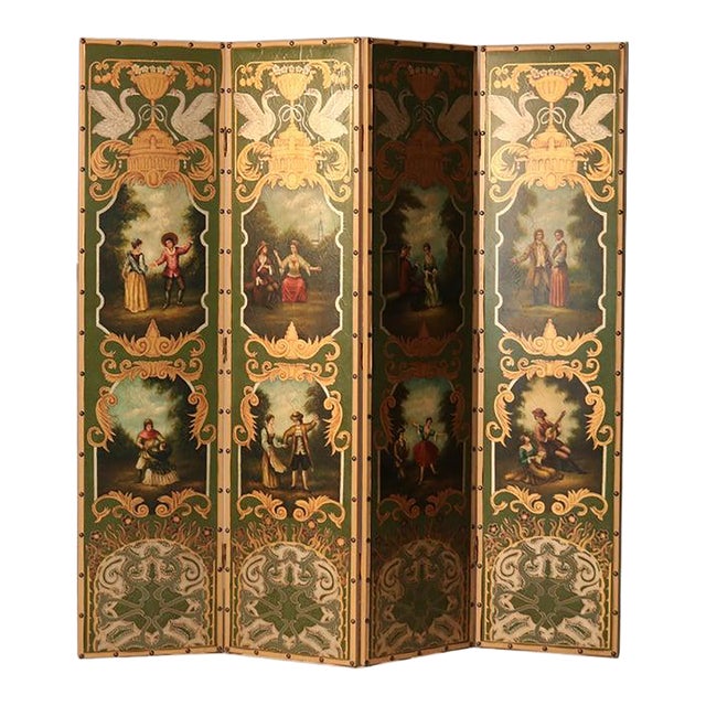Oversized Vintage Four-Paneled Screen With Hand Painted Scenes C1940 For Sale