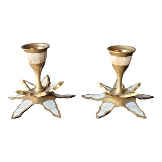 Vintage Brass and Mother of Pearl Taper Candlesticks Candle Holders Set of 2 For Sale