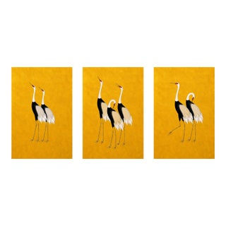Japanese Cranes Triptych, Gold Crane Wall Art Set of 3, 24" X 36" For Sale