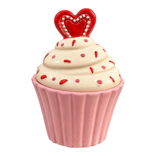 Vintage Nantucket Home Pink Cupcake Cookie Jar With Heart Lid For Sale
