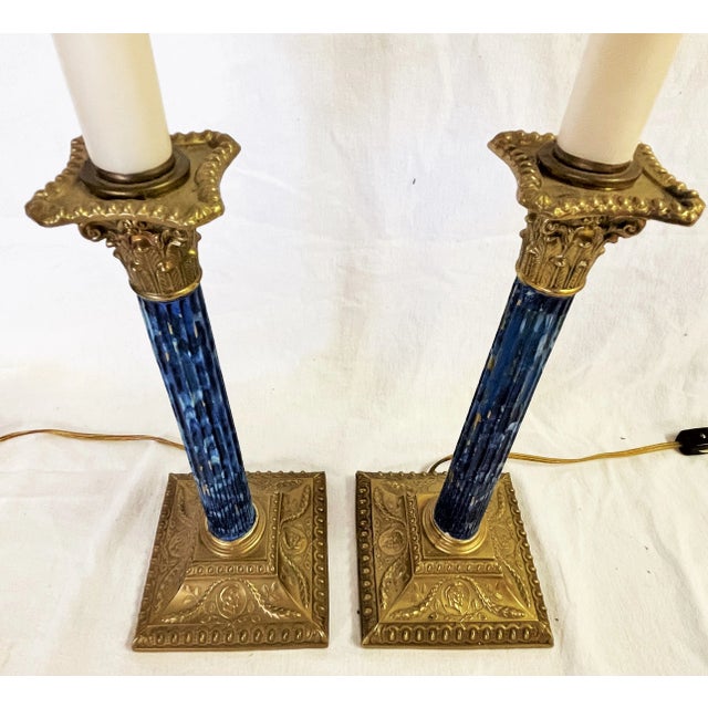 Vintage Brass Candlestick Column Lamps With Faux Marbre Accents- a Pair For Sale In West Palm - Image 6 of 13