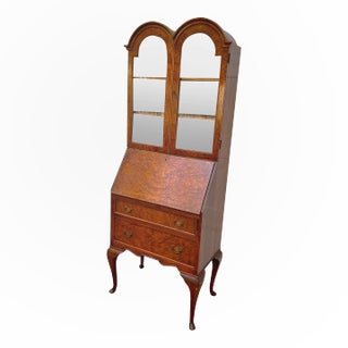 1930’s George III Style Double Bonnet Top Maple Secretary W/ English Hunting Scene Paper Interior For Sale