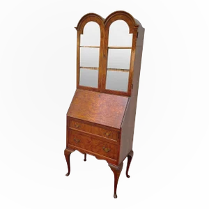 1930’s George III Style Double Bonnet Top Maple Secretary W/ English Hunting Scene Paper Interior