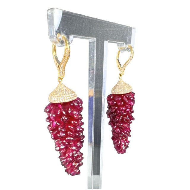 Contemporary Vintage Style Red Pink Ruby Bead & Diamond Pave Earrings 18k Yellow Gold, A Pair For Sale - Image 3 of 5