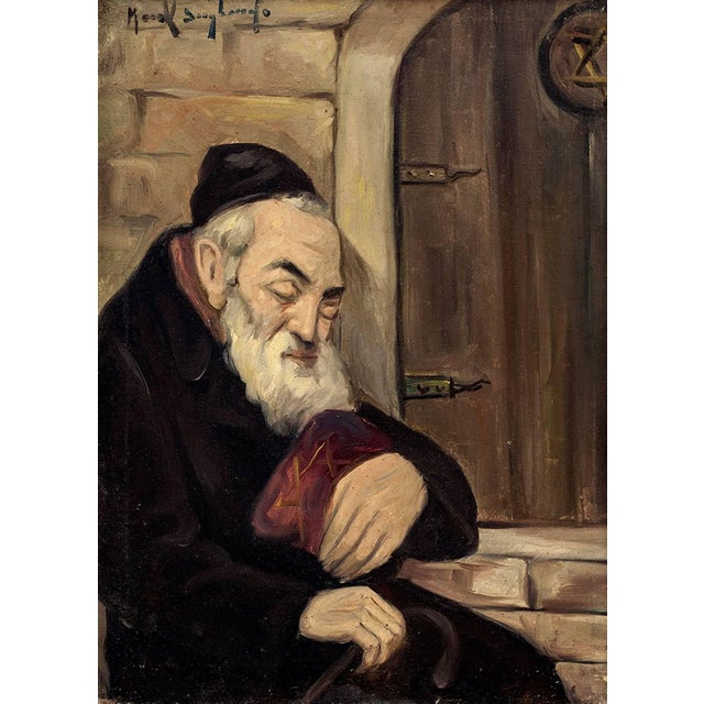 Post Impressionist Mark Siegband, A Nap Before Entering the Synagogue Judaica Oil Painting Jewish Hasidic Rabbi For Sale - Image 3 of 4