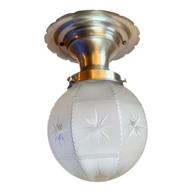 1920s Rare Hexagon Shaded Cutglass Starburst Pattern Flushmount on Original Scalloped Nickel Plated Fixture For Sale