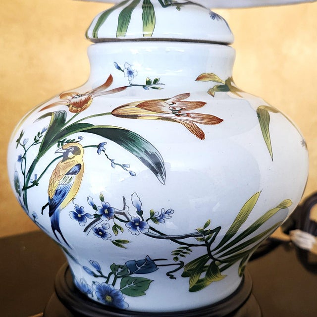 Vintage Chinoiserie Porcelain Bird & Floral Table Lamps With Shades - a Pair For Sale - Image 16 of 18
