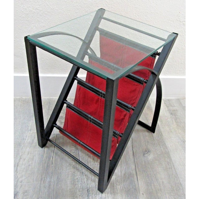 Mid-Century Modern Glass Top End Table Waterfall Magazine Rack circa 1970s This stylish end table is fashioned in a modern...