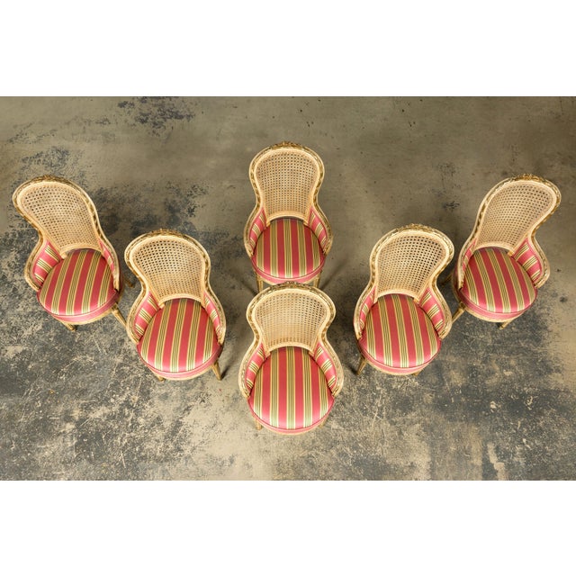 Set of 6 Early 20th Century French Louis XVI Cane Dining Armchairs in Pink Stripe For Sale - Image 4 of 18