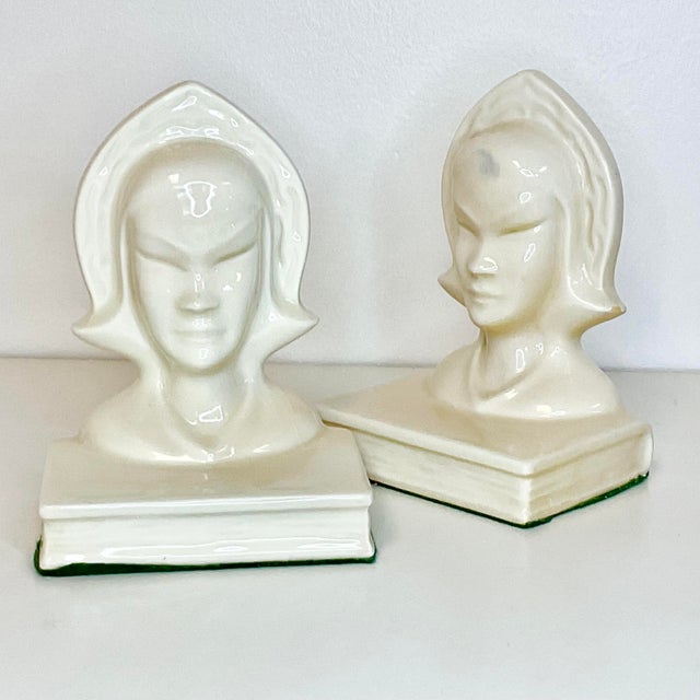 Ivory 1920s Antique Art Deco Folk Art Twin Schoolgirl Busts Bookends - A Pair For Sale - Image 8 of 8