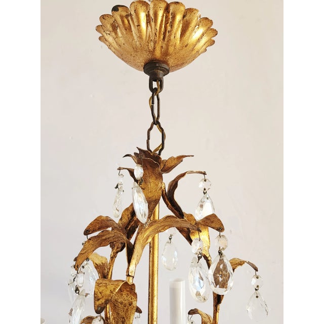Metal Vintage Italian Gilt Tole Chandelier With Crystal Prisms. For Sale - Image 7 of 11
