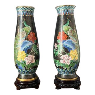 Set of 2 Vintage Cloisonné Asian Vases & Stands, 1970s For Sale