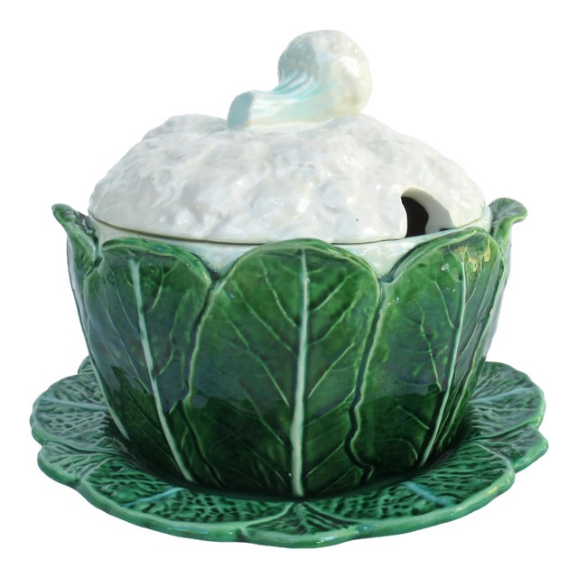 Vintage C.1950's Porcelain Majolica Lidded Cauliflower Handled Soup Tureen With Underplate -Made in (Portugal) For Sale