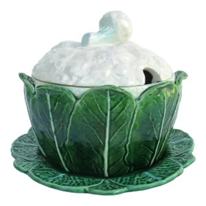 Vintage C.1950's Porcelain Majolica Lidded Cauliflower Handled Soup Tureen With Underplate -Made in (Portugal)