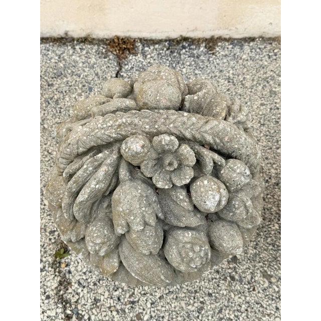 Stone Vintage Cast Cement Stone 26" Fruit & Flower Basket Garden Lawn Ornament - Pair For Sale - Image 7 of 15