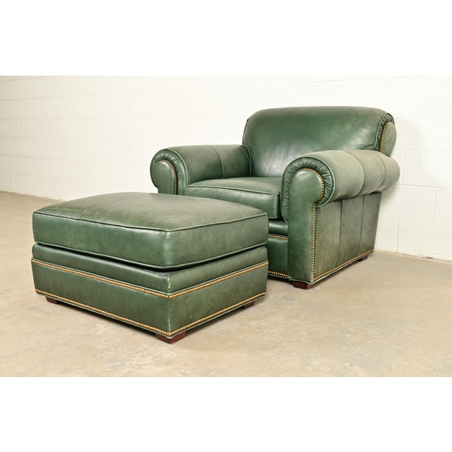 Contemporary Century Furniture Art Deco Studded Leather Lounge Chair With Ottoman For Sale - Image 3 of 12
