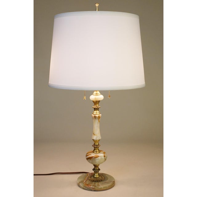 Metal 1920s French Art Nouveau Neo Classic Green Banded Onyx Marble Brass Table Lamp For Sale - Image 7 of 11