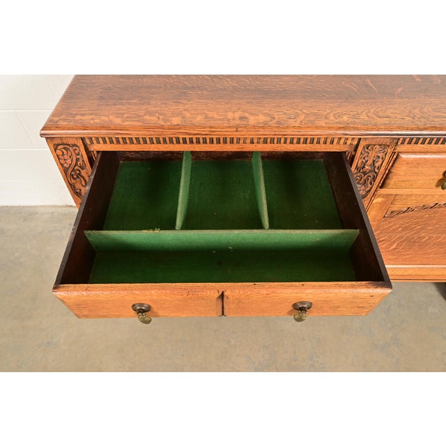 Wood Berkey & Gay Style Antique English Jacobean Carved Oak Sideboard Buffet or Bar Cabinet, Circa 1920s For Sale - Image 7 of 16