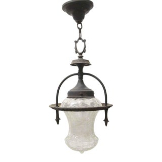 1940s Cast Iron & Crackled Glass Pendant Porch Light For Sale