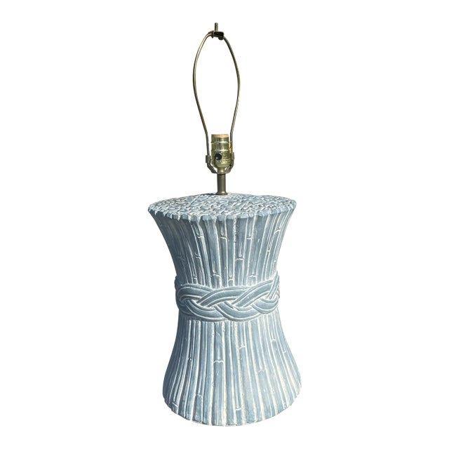 Vintage Coastal Boho Blue Sheaf of Wheat Ceramic McGuire Style Table Lamp For Sale