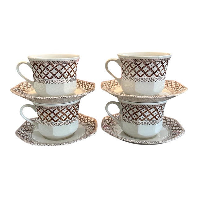 Vintage English, Royal Staffordshire, Brown and White Teacup and Saucers - Set of 4 For Sale