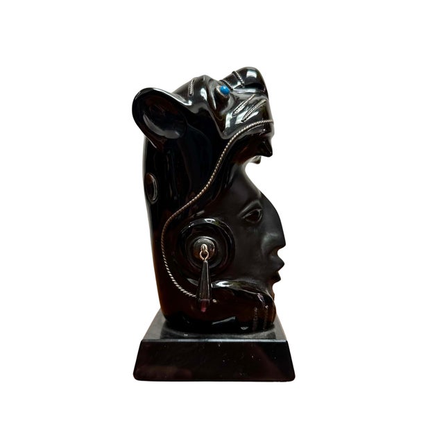 Mexican Vintage Taxco 925 Mexican Sterling Silver and Obsidian Aztec Head Sculpture For Sale - Image 3 of 8