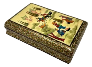 Fine Indo-Persian Micro Mosaic Marquetry Box With Miniature Painting 1940s