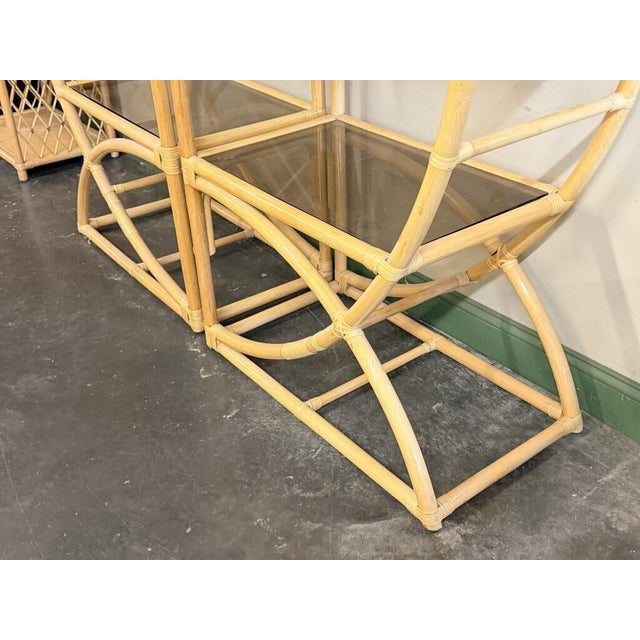 Boho Chic 84-Inch Rattan Half-Round Etageres With Smoked Glass Shelves - A Pair For Sale - Image 3 of 8