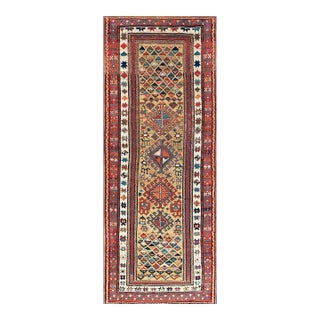 1880s Goldenord Diamond Tribal Antique S. Caucasian Carpet 3'6'' X 8'9'' Knotted Wool Runner Rug For Sale