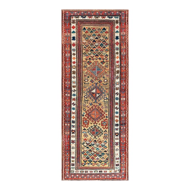 1880s Goldenord Diamond Tribal Antique S. Caucasian Carpet 3'6'' X 8'9'' Knotted Wool Runner Rug For Sale