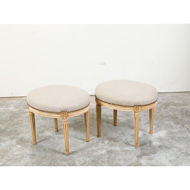 Beige Pair of French Neoclassical Style Bleached Wood Stools with New Upholstery For Sale - Image 8 of 10