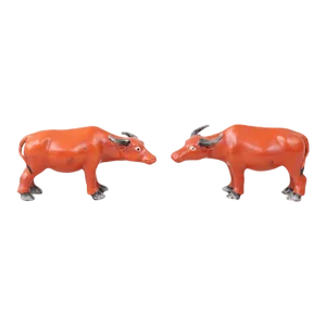 Antique 19th Century Chinese Export Porcelain Water Buffalo or Oxen in Coral Red Glaze - a Pair