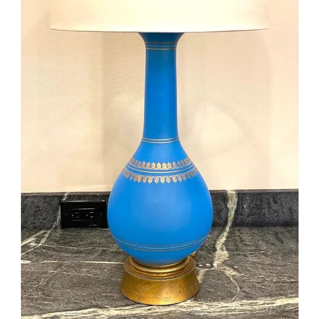 Mid 20th Century Vintage Mid 20th Century Blue Glass Lamp With Hand Painted Gold Detail For Sale - Image 5 of 8