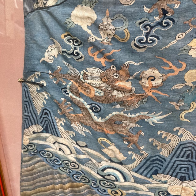 Wood Qing Dynasty Blue Embroidered Silk Kimono, Framed For Sale - Image 7 of 12