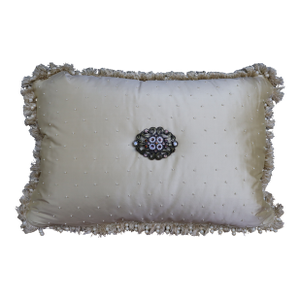 Ivory Decorative Pillow With Beaded Trim and Jeweled Centerpiece