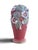 A ceramic vase with a slightly flared body, resting on a rimmed base. The body is covered with a matte pink slip, upon...