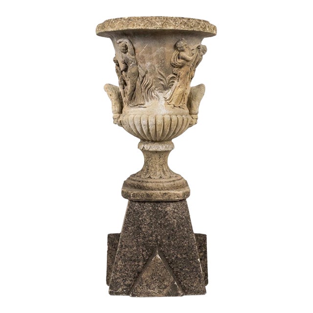 Neo-Classical Style Cast Stone Garden Urn on Pedestal With Bacchanalian Relief For Sale