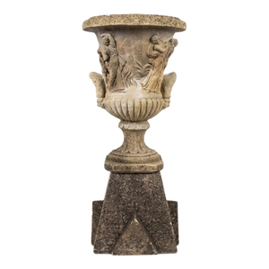 Neo-Classical Style Cast Stone Garden Urn on Pedestal With Bacchanalian Relief