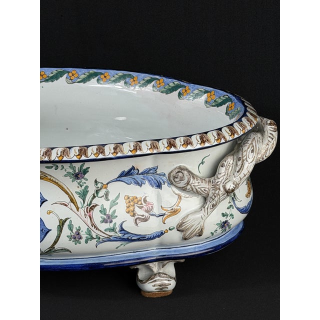 Antique French Hand Painted Faience Jardiniere with Tree Branch Handles, 1880s For Sale - Image 4 of 11