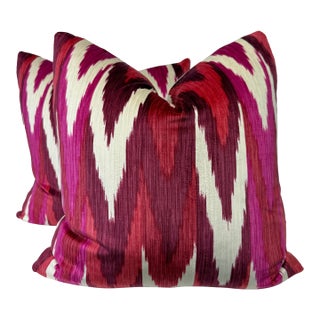 Schumacher "Kashgar Ikat" in Ruby/Plum 22" Pillows-a Pair For Sale
