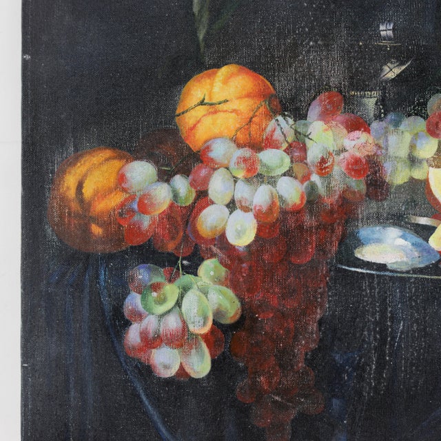 This small-scale vintage oil painting on board or canvas depicts a still life composition featuring luscious bunches of...